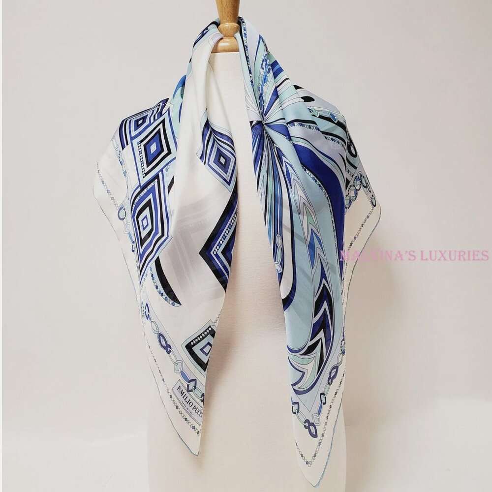 EMILIO PUCCI SCARF PRINT CHIFFON SILK SIGNATURE LOGO SQUARE SCARF 34" - Picture 4 of 9